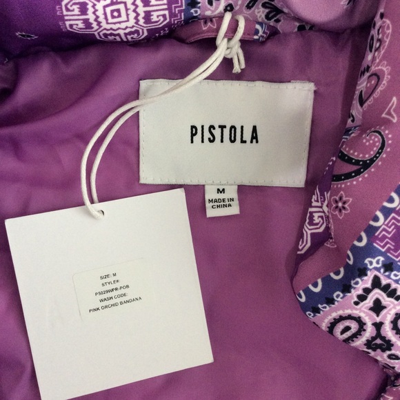 Pistola Callista Purple Pink Quilted Orchid Bandana-Print Puffer Jacket or Vest - Picture 14 of 16
